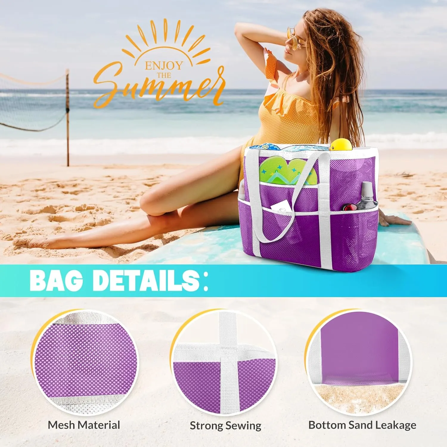 EASYFUN Beach Bag Large Mesh Beach Bag Lightweight Beach Tote with 9 Pockets Foldable Beach Accessories