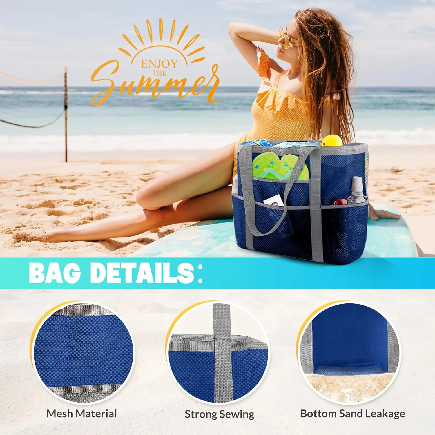 EASYFUN Beach Bag Large Mesh Beach Bag Lightweight Beach Tote with 9 Pockets Foldable Beach Accessories