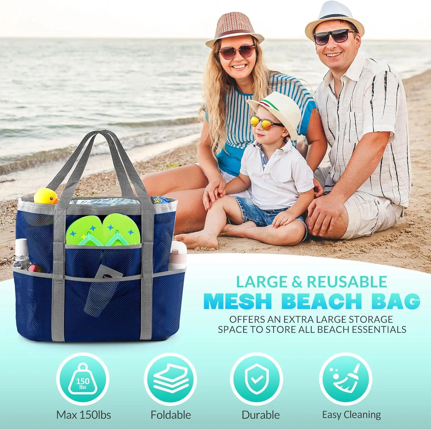 EASYFUN Beach Bag Large Mesh Beach Bag Lightweight Beach Tote with 9 Pockets Foldable Beach Accessories