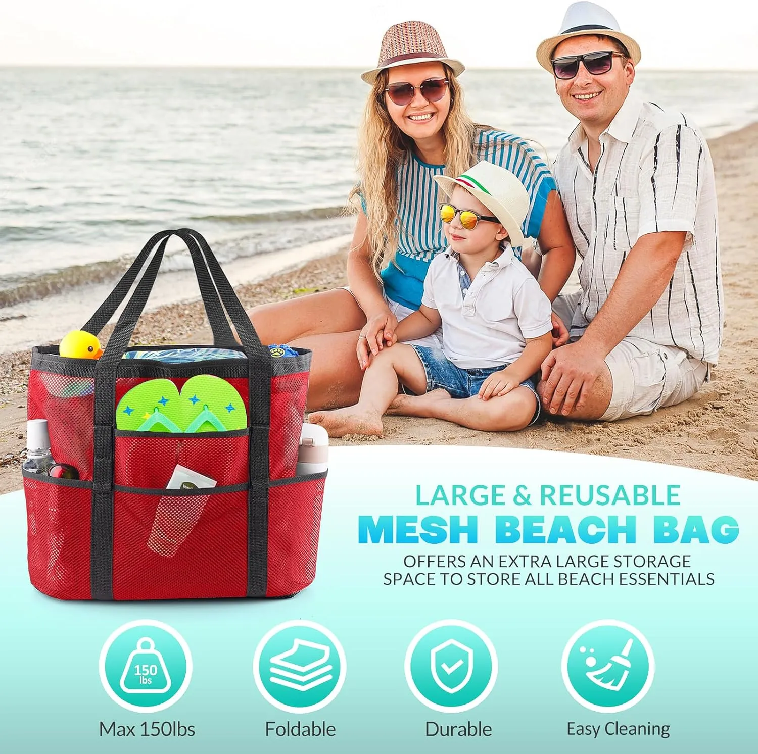 EASYFUN Beach Bag Large Mesh Beach Bag Lightweight Beach Tote with 9 Pockets Foldable Beach Accessories