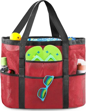 EASYFUN Beach Bag Large Mesh Beach Bag Lightweight Beach Tote with 9 Pockets Foldable Beach Accessories