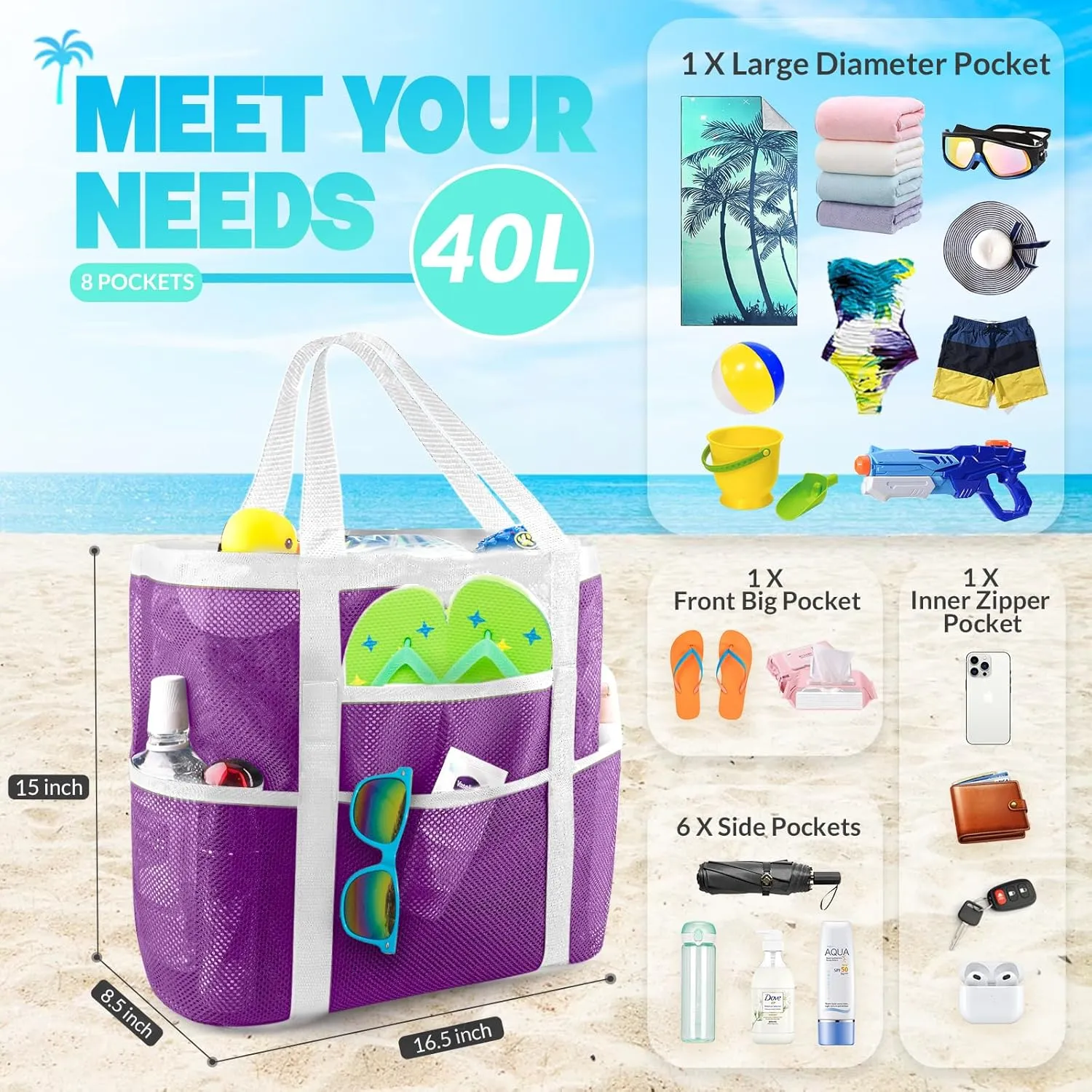 EASYFUN Beach Bag Large Mesh Beach Bag Lightweight Beach Tote with 9 Pockets Foldable Beach Accessories