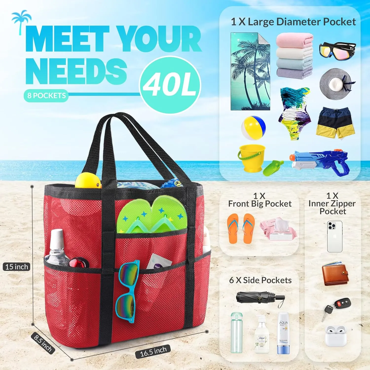 EASYFUN Beach Bag Large Mesh Beach Bag Lightweight Beach Tote with 9 Pockets Foldable Beach Accessories
