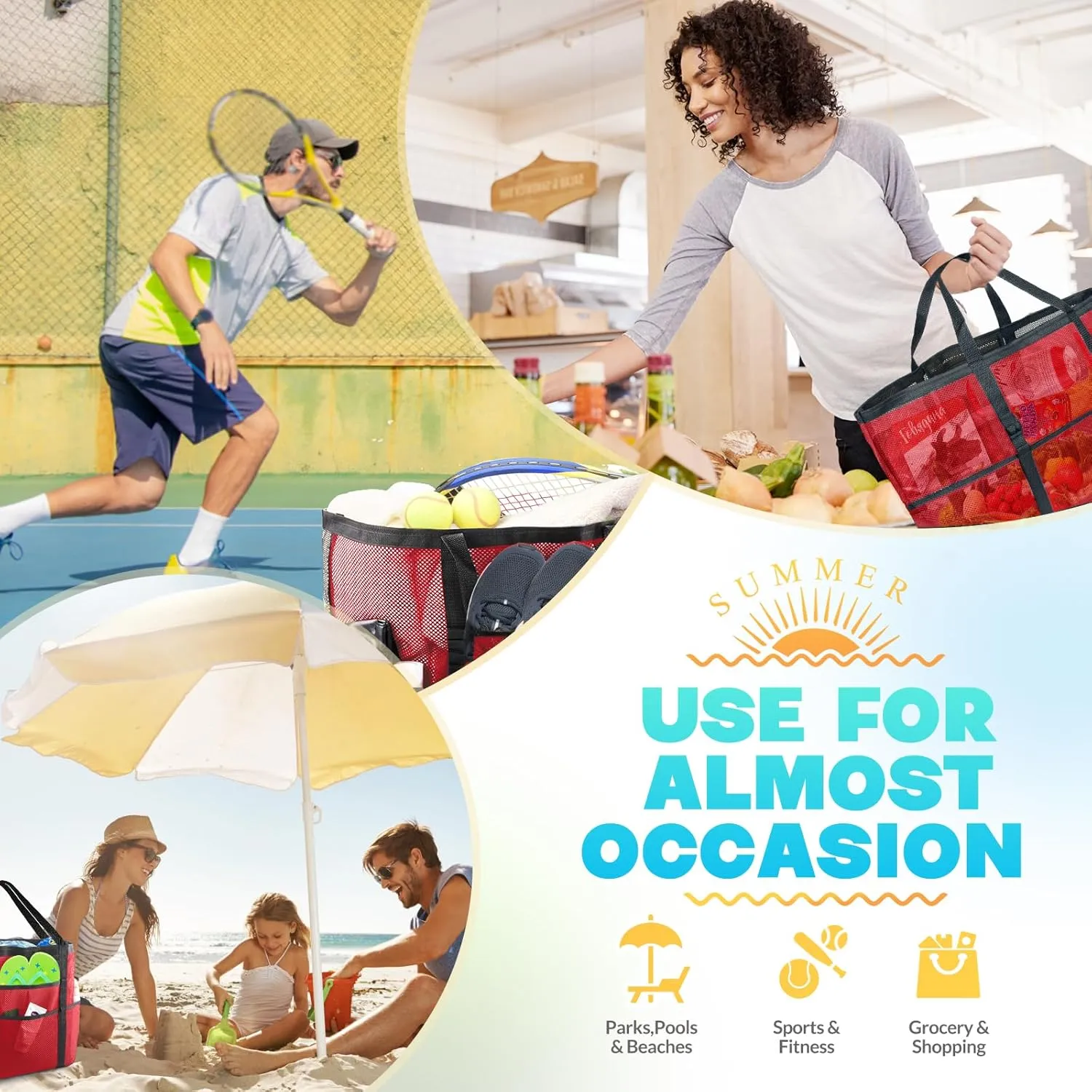 EASYFUN Beach Bag Large Mesh Beach Bag Lightweight Beach Tote with 9 Pockets Foldable Beach Accessories