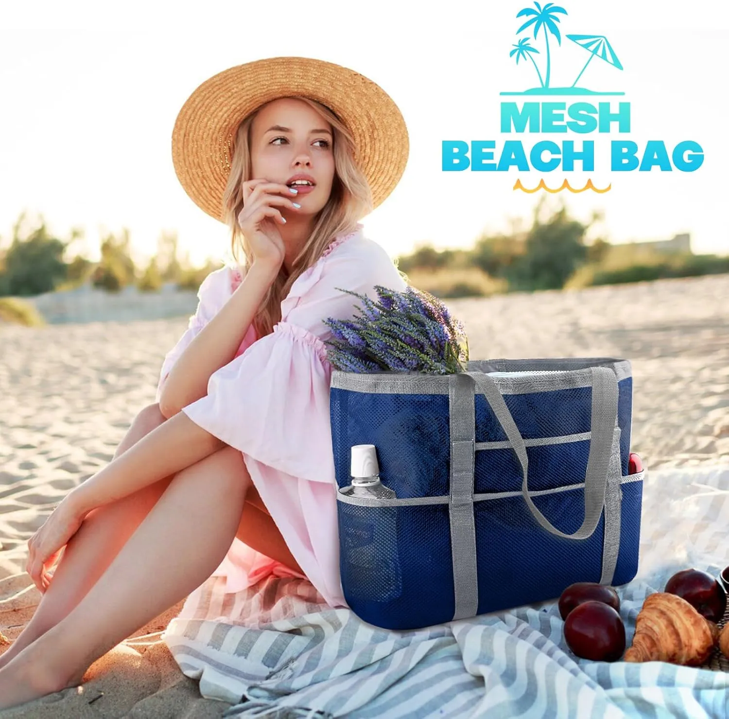 EASYFUN Beach Bag Large Mesh Beach Bag Lightweight Beach Tote with 9 Pockets Foldable Beach Accessories