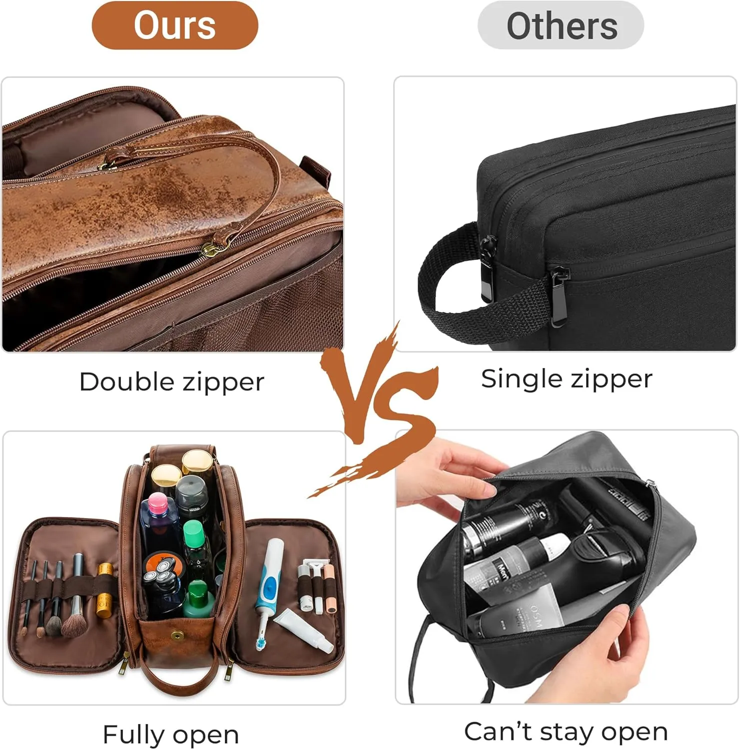 Elviros Toiletry Bag for Men, Large Travel Shaving Dopp Kit Water-resistant Bathroom Toiletries Organizer PU Leather Cosmetic Bags (Medium, Dark Brown)