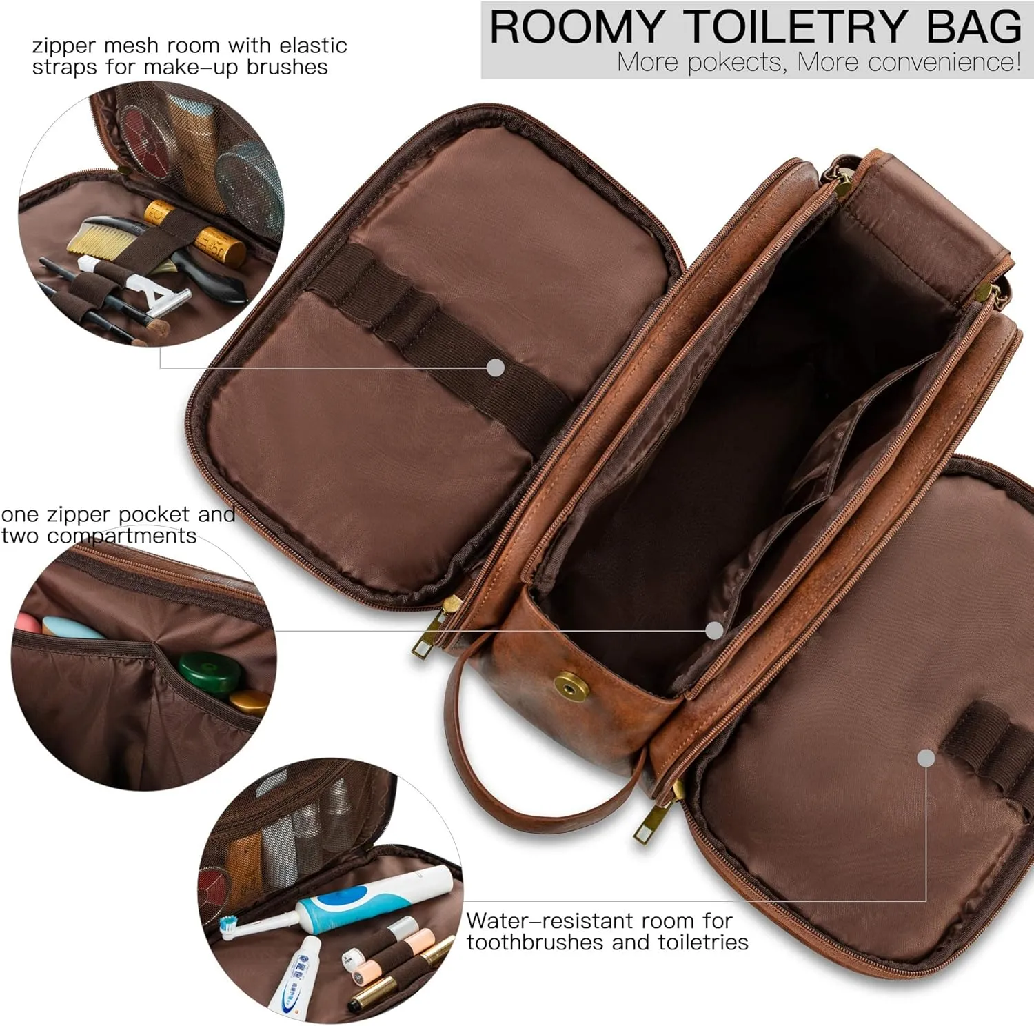 Elviros Toiletry Bag for Men, Large Travel Shaving Dopp Kit Water-resistant Bathroom Toiletries Organizer PU Leather Cosmetic Bags (Medium, Dark Brown)