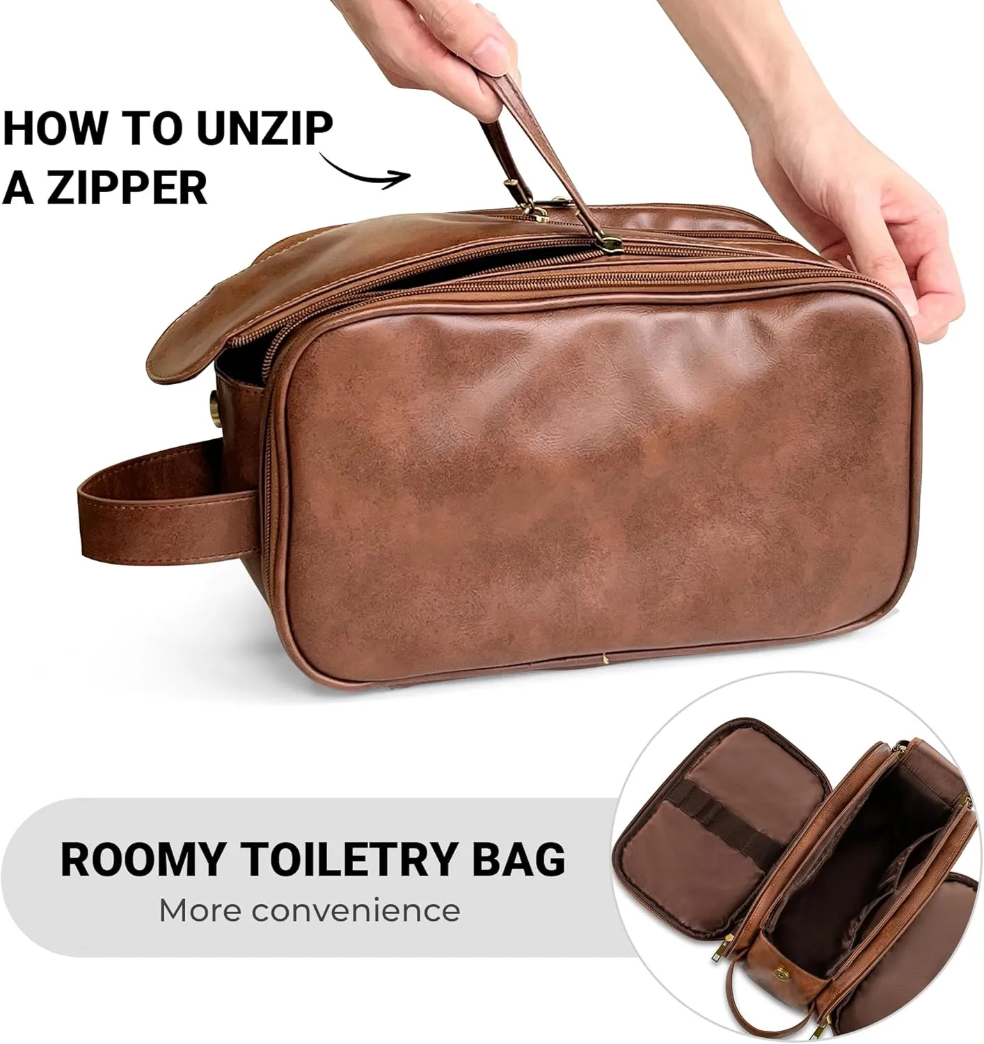 Elviros Toiletry Bag for Men, Large Travel Shaving Dopp Kit Water-resistant Bathroom Toiletries Organizer PU Leather Cosmetic Bags (Medium, Dark Brown)