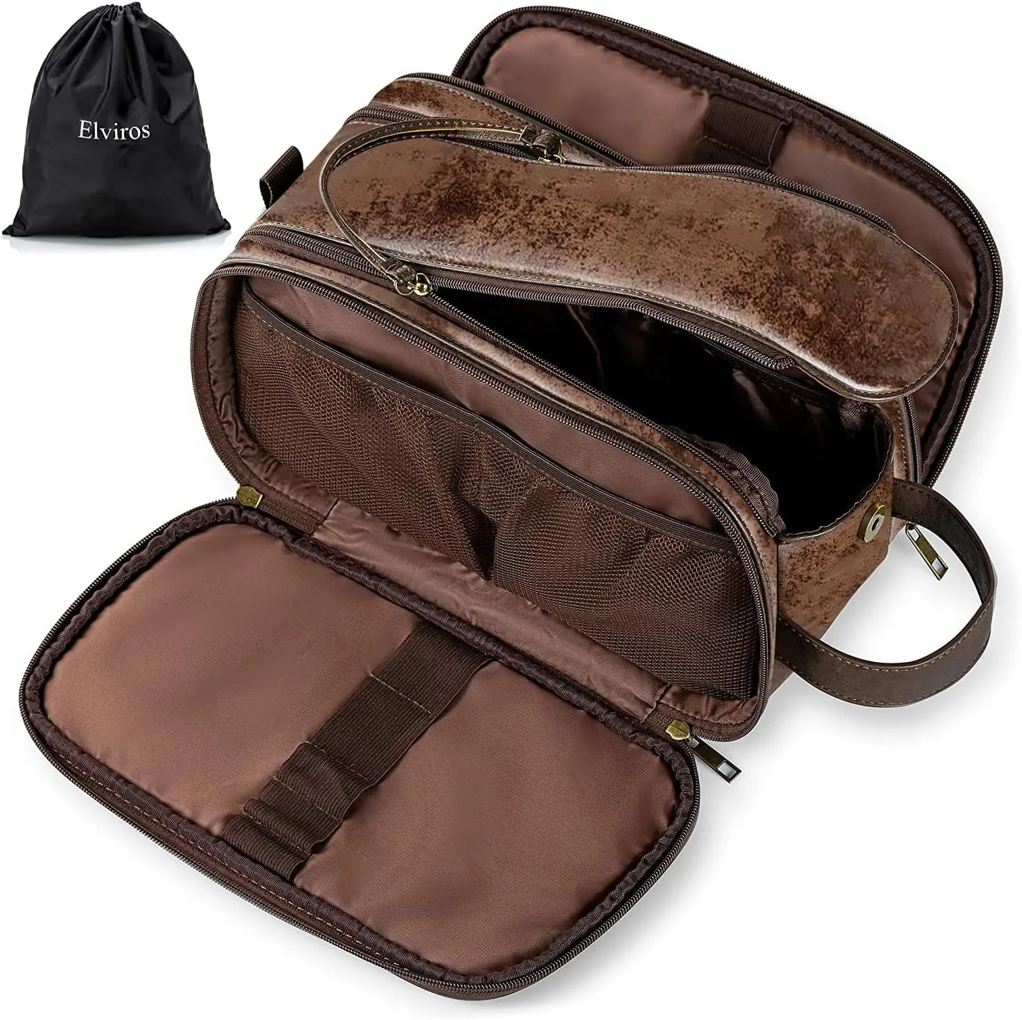 Elviros Toiletry Bag for Men, Large Travel Shaving Dopp Kit Water-resistant Bathroom Toiletries Organizer PU Leather Cosmetic Bags