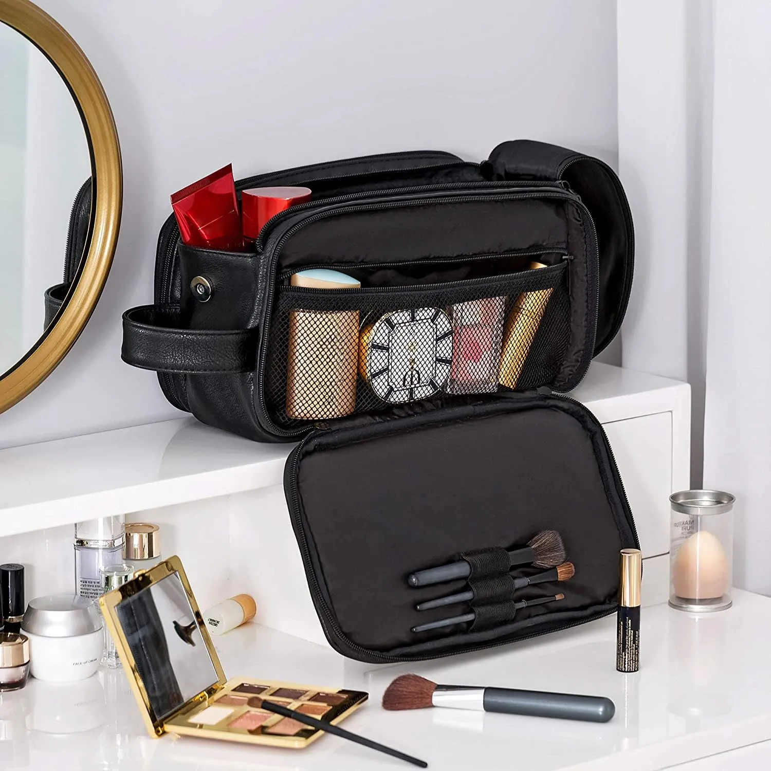 Elviros Travel Toiletry Bag for Men, Shaving Dopp Kit Water-resistant Bathroom Small Toiletries Organizer PU Leather Cosmetic Bags