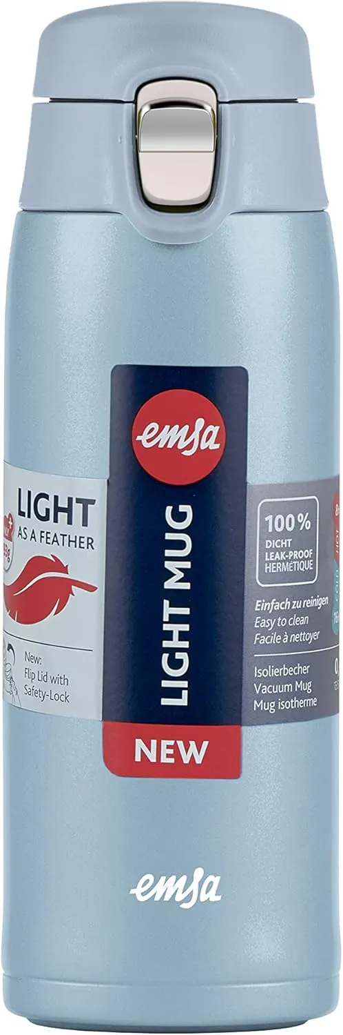 Emsa N21518 Travel Mug Light Insulated Mug | Capacity: 0.4 L | Extra Slim Format | Lightweight | Stainless Steel | Folding Closure System | 100% Leak-proof | 8 Hours Hot / 16 Hours Cold | BPA-Free |