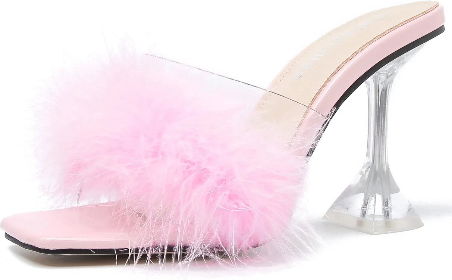 Enelauge Women's Square Toe Sandal Fluffy Feather Clear High Heels Sandals Mules Backless Slip On Slipper Dress Shoes