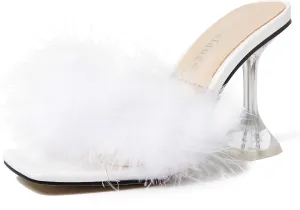 Enelauge Women's Square Toe Sandal Fluffy Feather Clear High Heels Sandals Mules Backless Slip On Slipper Dress Shoes