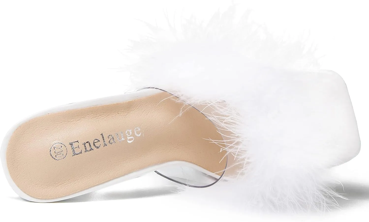 Enelauge Women's Square Toe Sandal Fluffy Feather Clear High Heels Sandals Mules Backless Slip On Slipper Dress Shoes