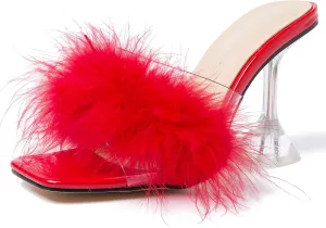 Enelauge Women's Square Toe Sandal Fluffy Feather Clear High Heels Sandals Mules Backless Slip On Slipper Dress Shoes