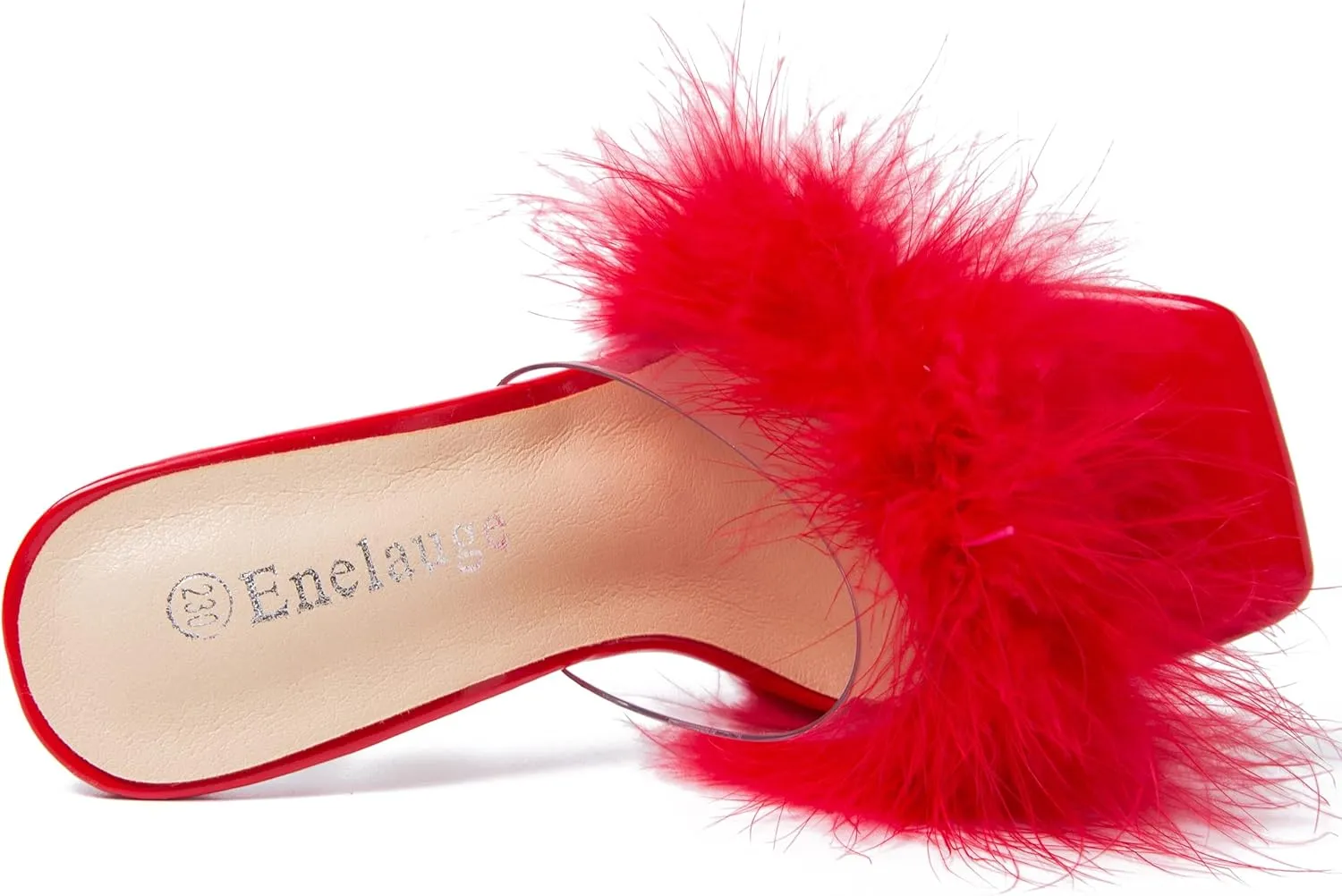 Enelauge Women's Square Toe Sandal Fluffy Feather Clear High Heels Sandals Mules Backless Slip On Slipper Dress Shoes