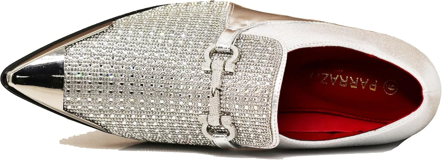 Enzo Romeo Crisino Men Rhinestone Chrome Toe Suede Pointy Buckle Dress Loafer Slip On Shoes