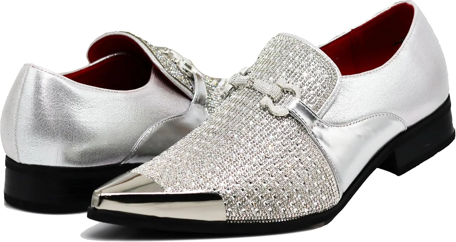 Enzo Romeo Crisino Men Rhinestone Chrome Toe Suede Pointy Buckle Dress Loafer Slip On Shoes