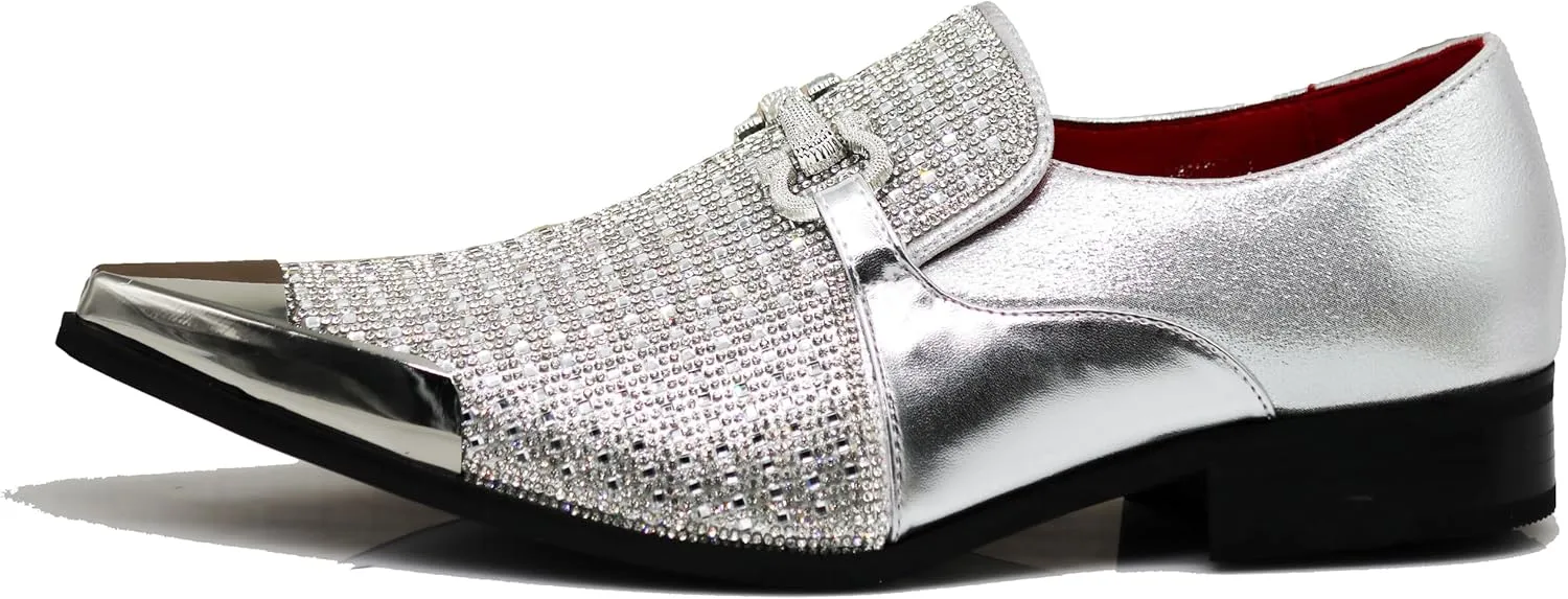 Enzo Romeo Crisino Men Rhinestone Chrome Toe Suede Pointy Buckle Dress Loafer Slip On Shoes