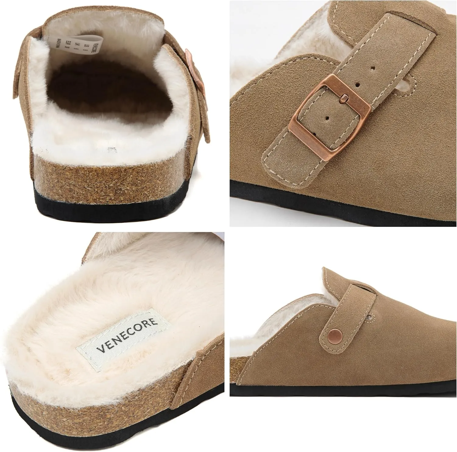 Erica Women's Cork Footbed Clogs Genuine Soft Suede Fuzzy Faux Fur Lined Comfort Cushioned Mule Slide Shoes