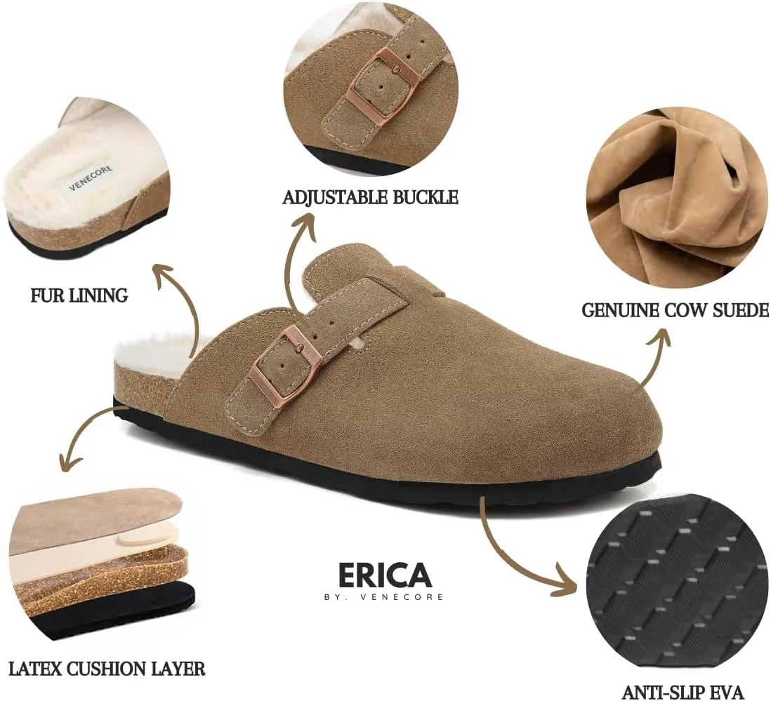 Erica Women's Cork Footbed Clogs Genuine Soft Suede Fuzzy Faux Fur Lined Comfort Cushioned Mule Slide Shoes