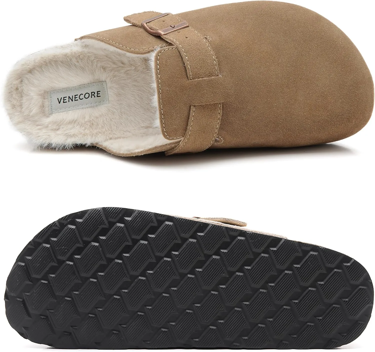 Erica Women's Cork Footbed Clogs Genuine Soft Suede Fuzzy Faux Fur Lined Comfort Cushioned Mule Slide Shoes