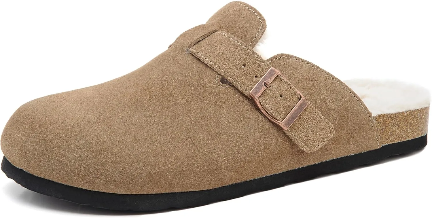 Erica Women's Cork Footbed Clogs Genuine Soft Suede Fuzzy Faux Fur Lined Comfort Cushioned Mule Slide Shoes