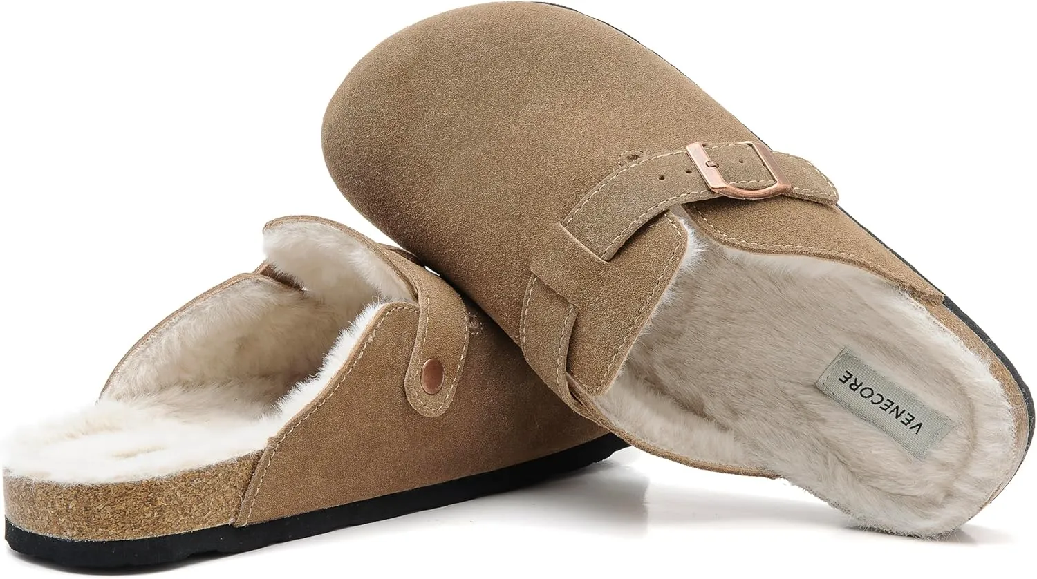Erica Women's Cork Footbed Clogs Genuine Soft Suede Fuzzy Faux Fur Lined Comfort Cushioned Mule Slide Shoes