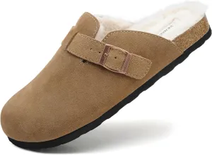 Erica Women's Cork Footbed Clogs Genuine Soft Suede Fuzzy Faux Fur Lined Comfort Cushioned Mule Slide Shoes