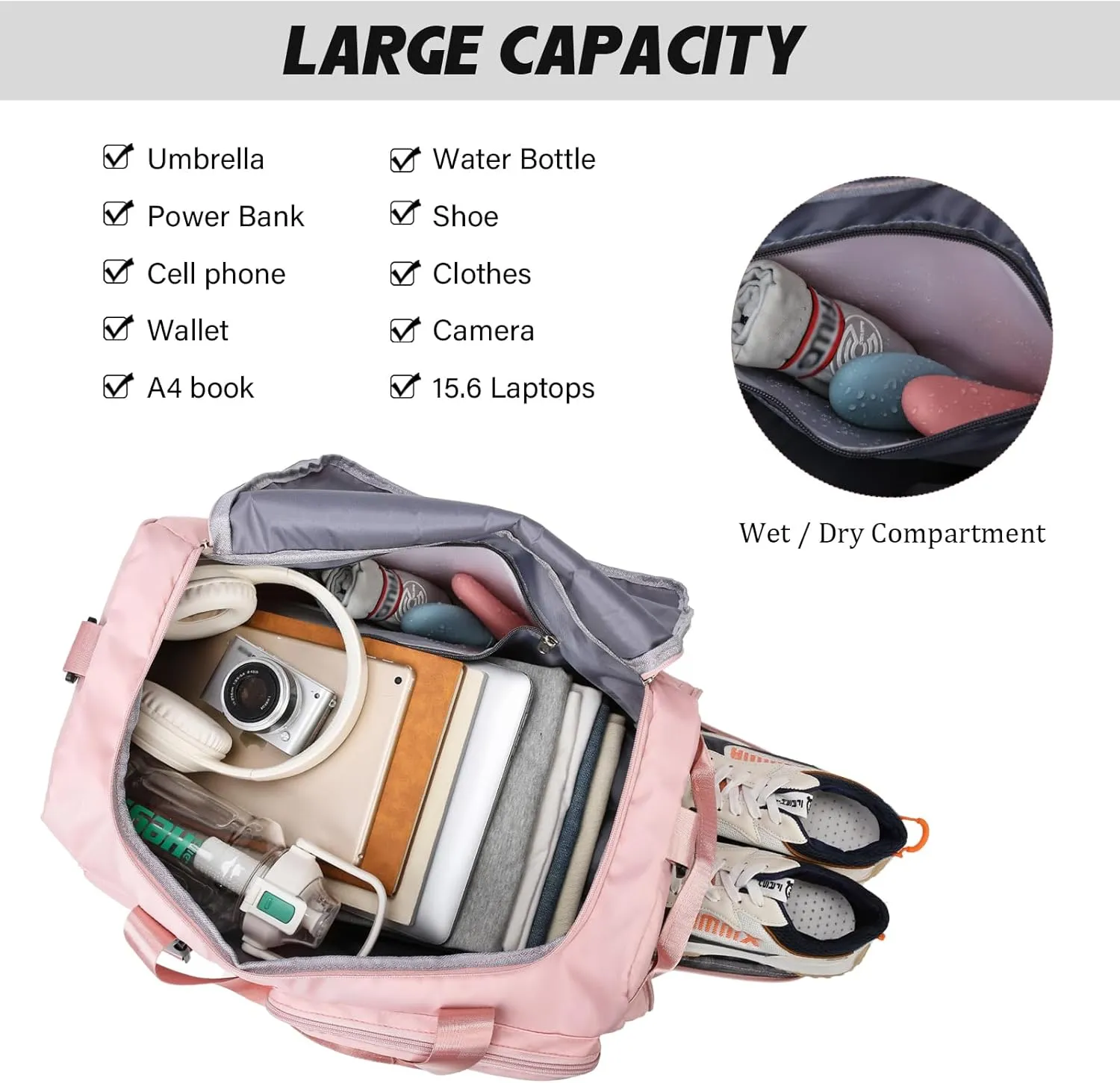 Eslcorri Gym Duffle Bag for Women Men, Sports Backpack with Wet & Shoe Compartment, Fitness Overnight Weekender Bag for Yoga, Swim, Travel (Style B, Pink)