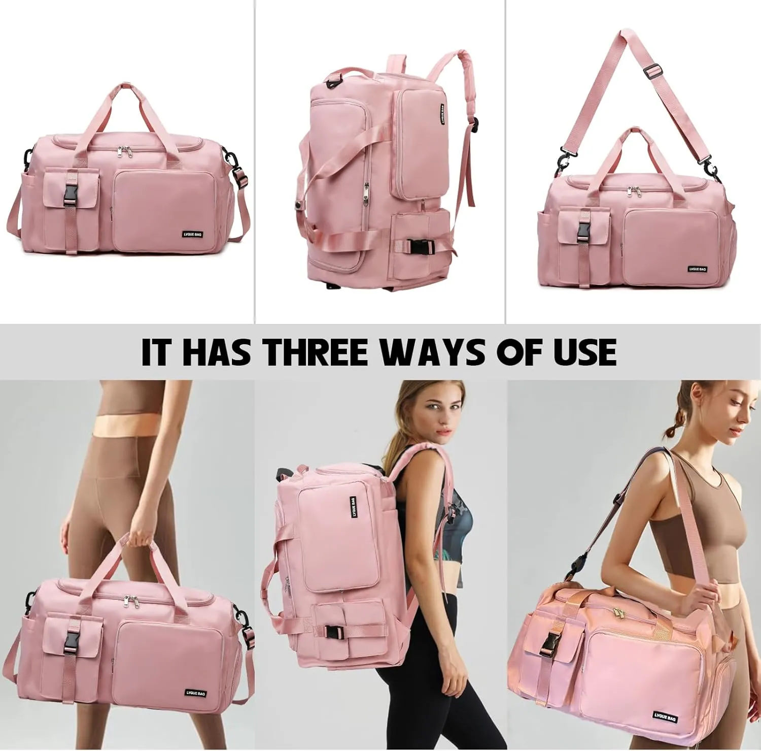 Eslcorri Gym Duffle Bag for Women Men, Sports Backpack with Wet & Shoe Compartment, Fitness Overnight Weekender Bag for Yoga, Swim, Travel (Style B, Pink)