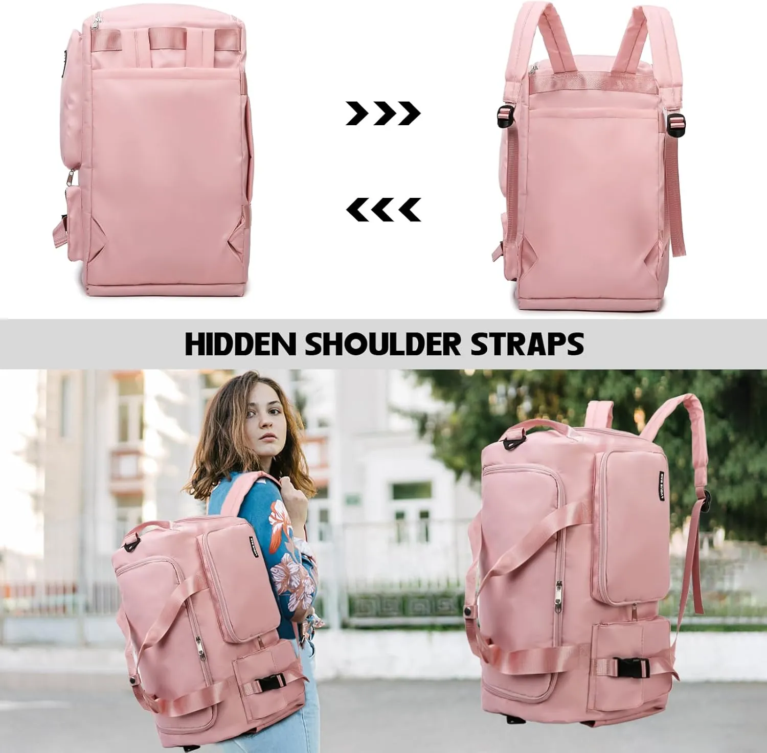 Eslcorri Gym Duffle Bag for Women Men, Sports Backpack with Wet & Shoe Compartment, Fitness Overnight Weekender Bag for Yoga, Swim, Travel (Style B, Pink)