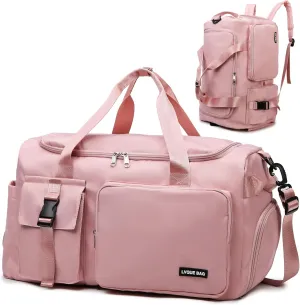 Eslcorri Gym Duffle Bag for Women Men, Sports Backpack with Wet & Shoe Compartment, Fitness Overnight Weekender Bag for Yoga, Swim, Travel (Style B, Pink)