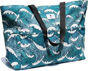 ESVAN Large Foldable Beach Bag for for Women with Dry Wet Compartment Waterproof Sandproof Travel Gym Picnic Handbag