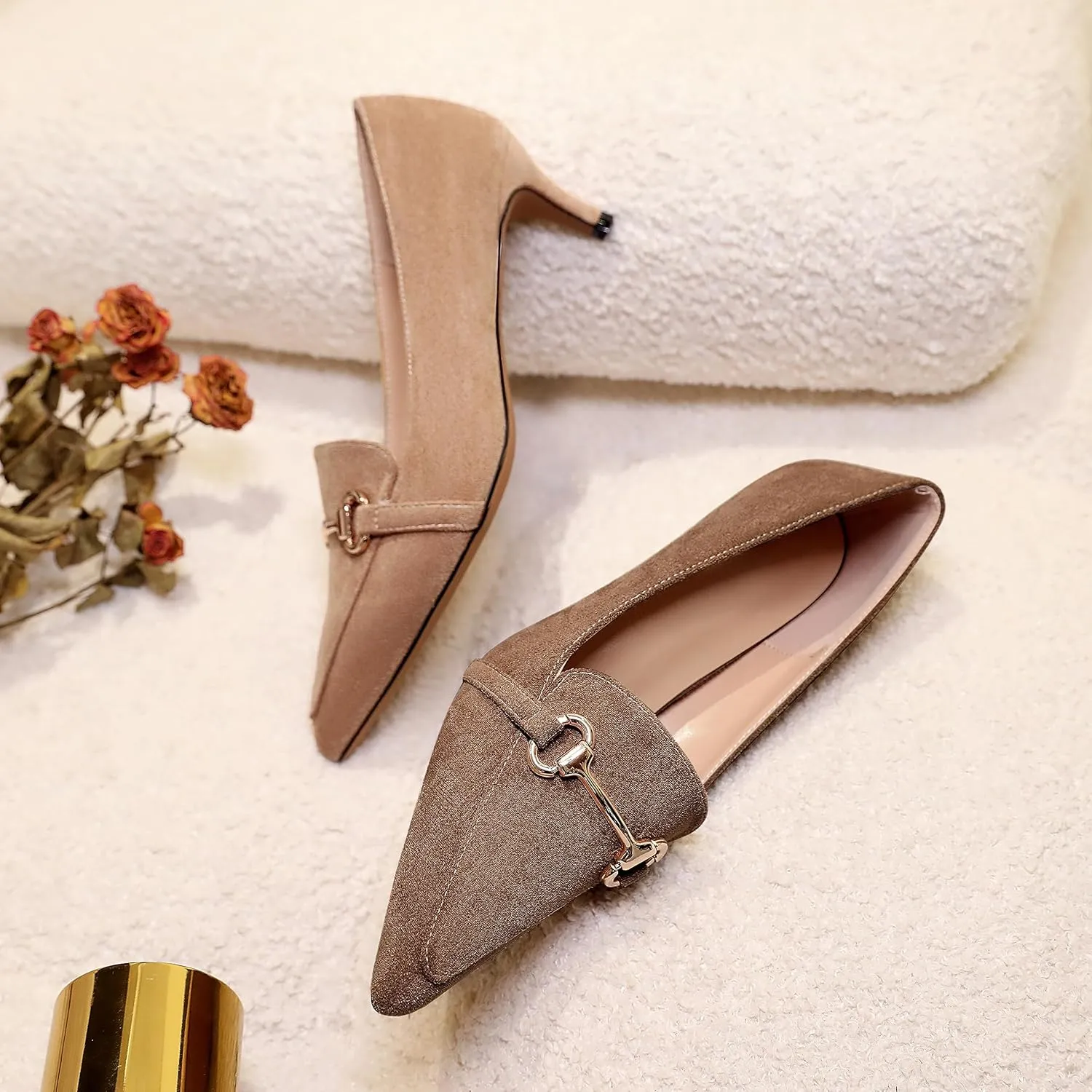 Esvowido Loafers for Women Closed Toe Kitten Heels Slip on Pumps with Chain Trims Comfortable Suede Loafer Shoes 2 Inch