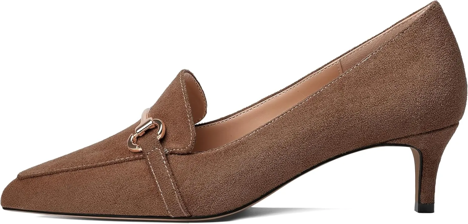 Esvowido Loafers for Women Closed Toe Kitten Heels Slip on Pumps with Chain Trims Comfortable Suede Loafer Shoes 2 Inch
