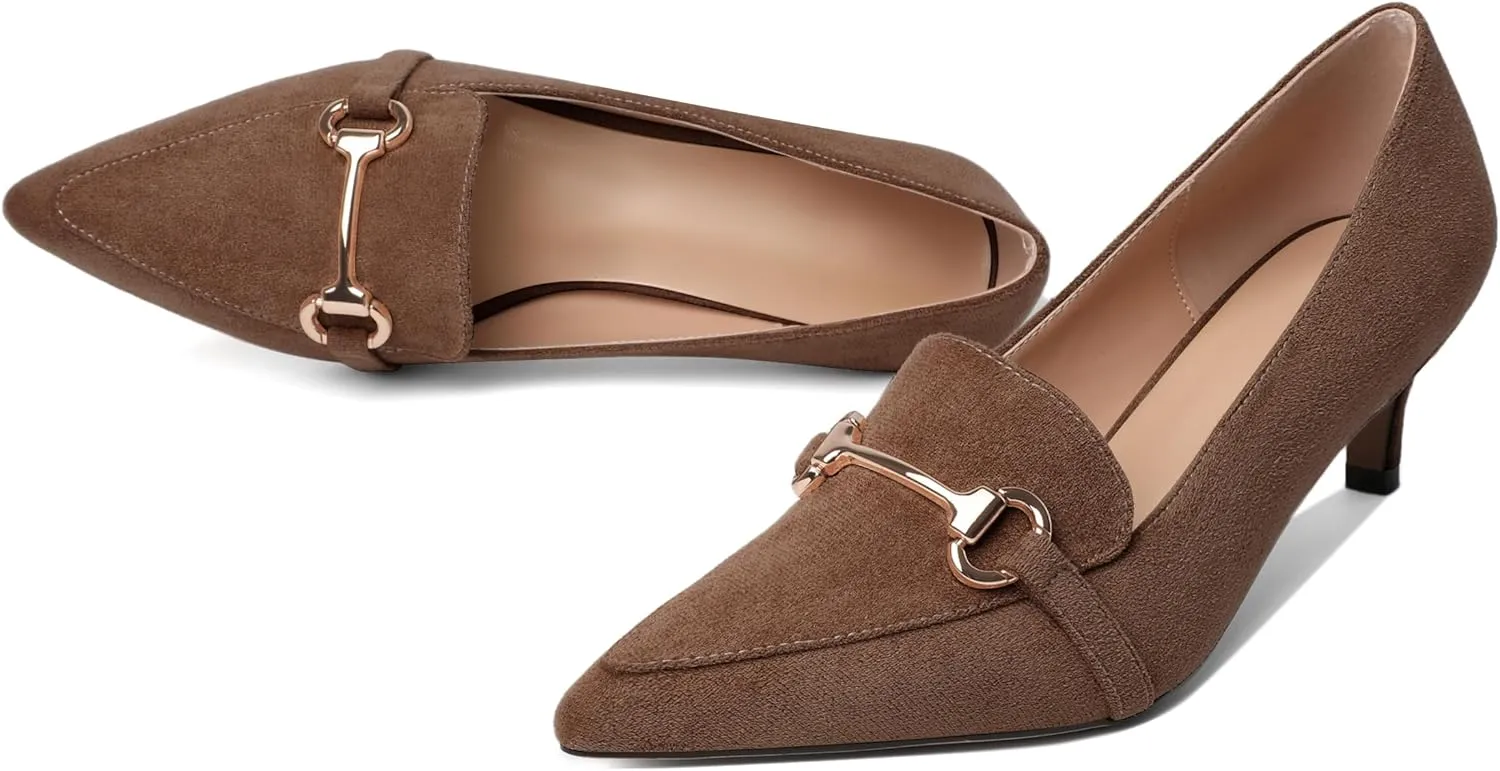Esvowido Loafers for Women Closed Toe Kitten Heels Slip on Pumps with Chain Trims Comfortable Suede Loafer Shoes 2 Inch