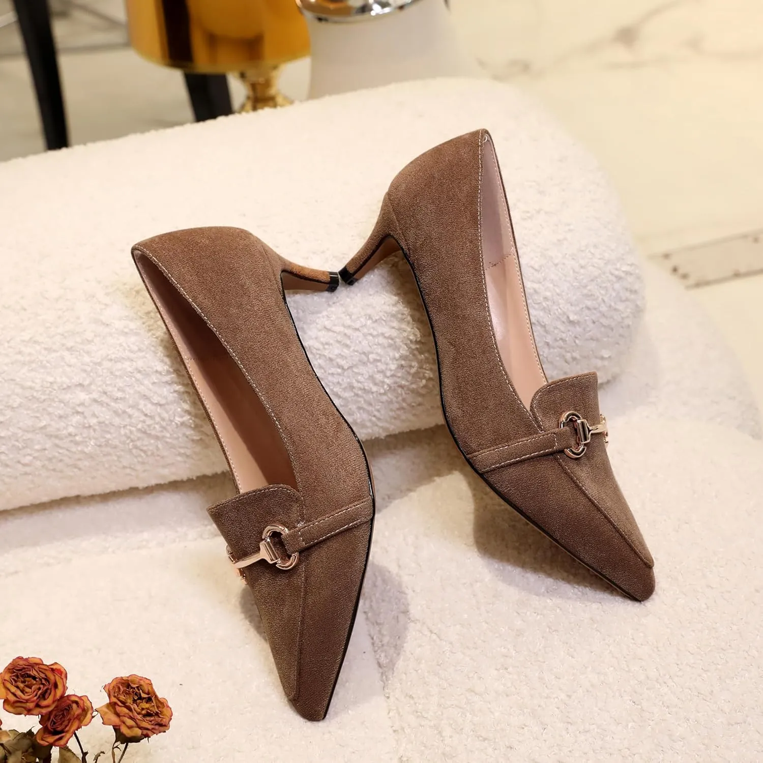 Esvowido Loafers for Women Closed Toe Kitten Heels Slip on Pumps with Chain Trims Comfortable Suede Loafer Shoes 2 Inch