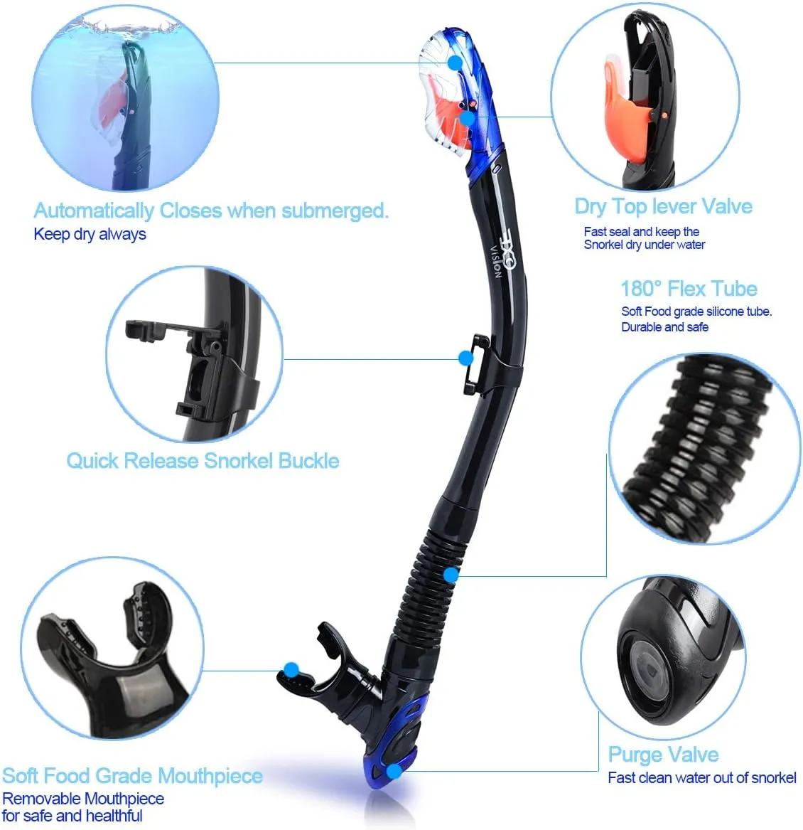 EXP VISION Dry Snorkel, Adult Dive Snorkel Free Breath Diving Snorkel Tube Food-Grade Silicone Mouthpiece Snorkeling Gear with Splash Guard Top Valve and Headstrap Clip for Snorkeling Swimming