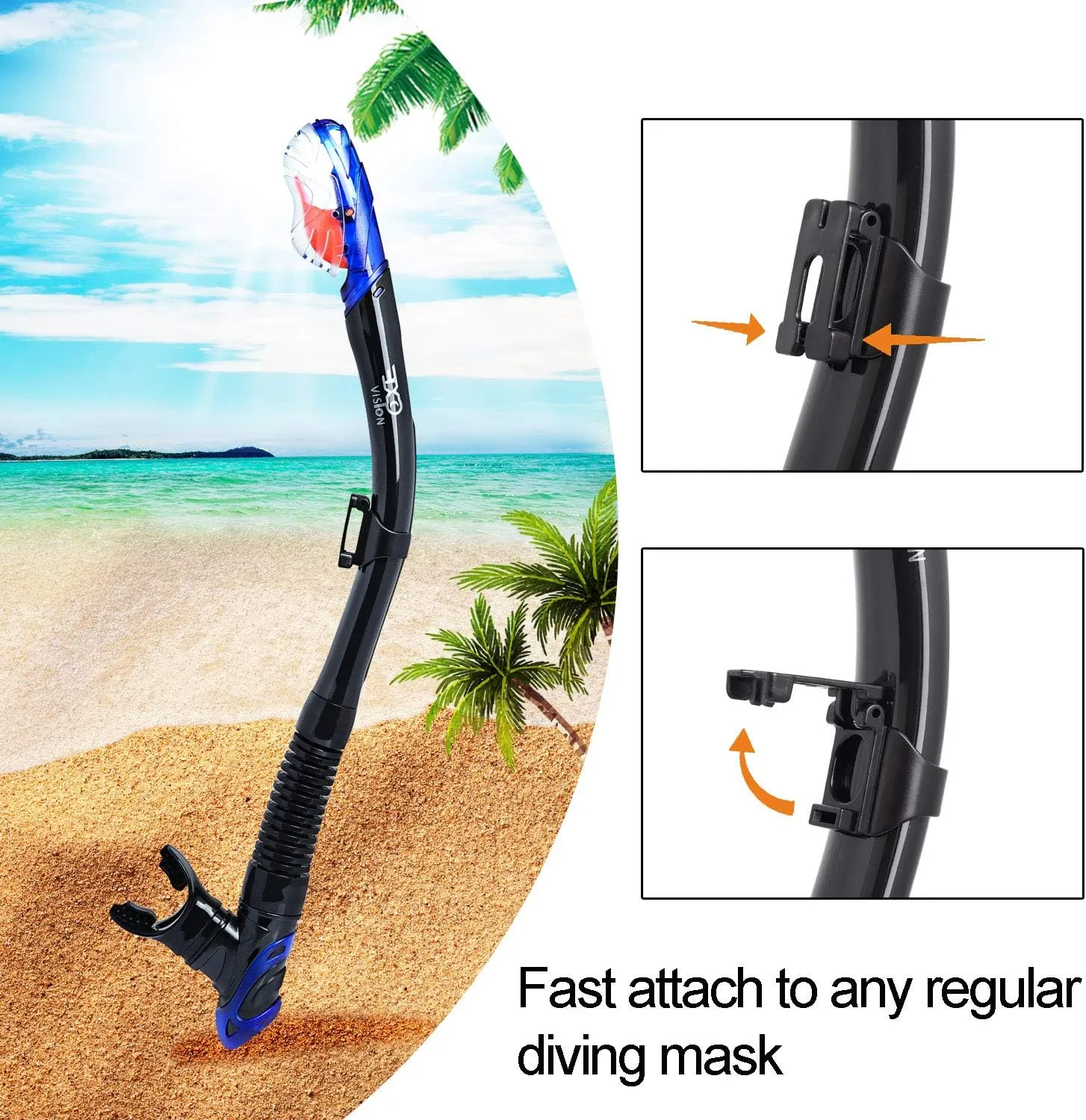 EXP VISION Dry Snorkel, Adult Dive Snorkel Free Breath Diving Snorkel Tube Food-Grade Silicone Mouthpiece Snorkeling Gear with Splash Guard Top Valve and Headstrap Clip for Snorkeling Swimming
