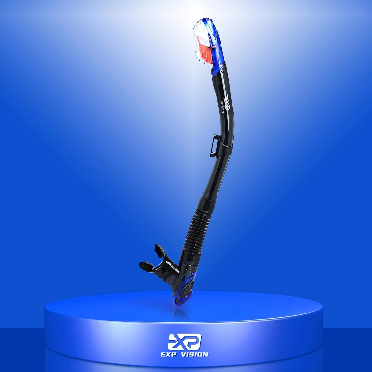 EXP VISION Dry Snorkel, Adult Dive Snorkel Free Breath Diving Snorkel Tube Food-Grade Silicone Mouthpiece Snorkeling Gear with Splash Guard Top Valve and Headstrap Clip for Snorkeling Swimming