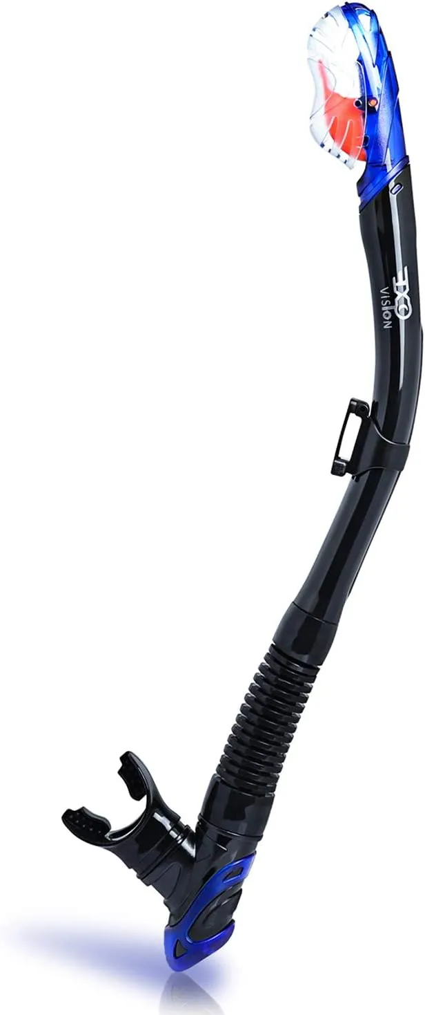 EXP VISION Dry Snorkel, Adult Dive Snorkel Free Breath Diving Snorkel Tube Food-Grade Silicone Mouthpiece Snorkeling Gear with Splash Guard Top Valve and Headstrap Clip for Snorkeling Swimming