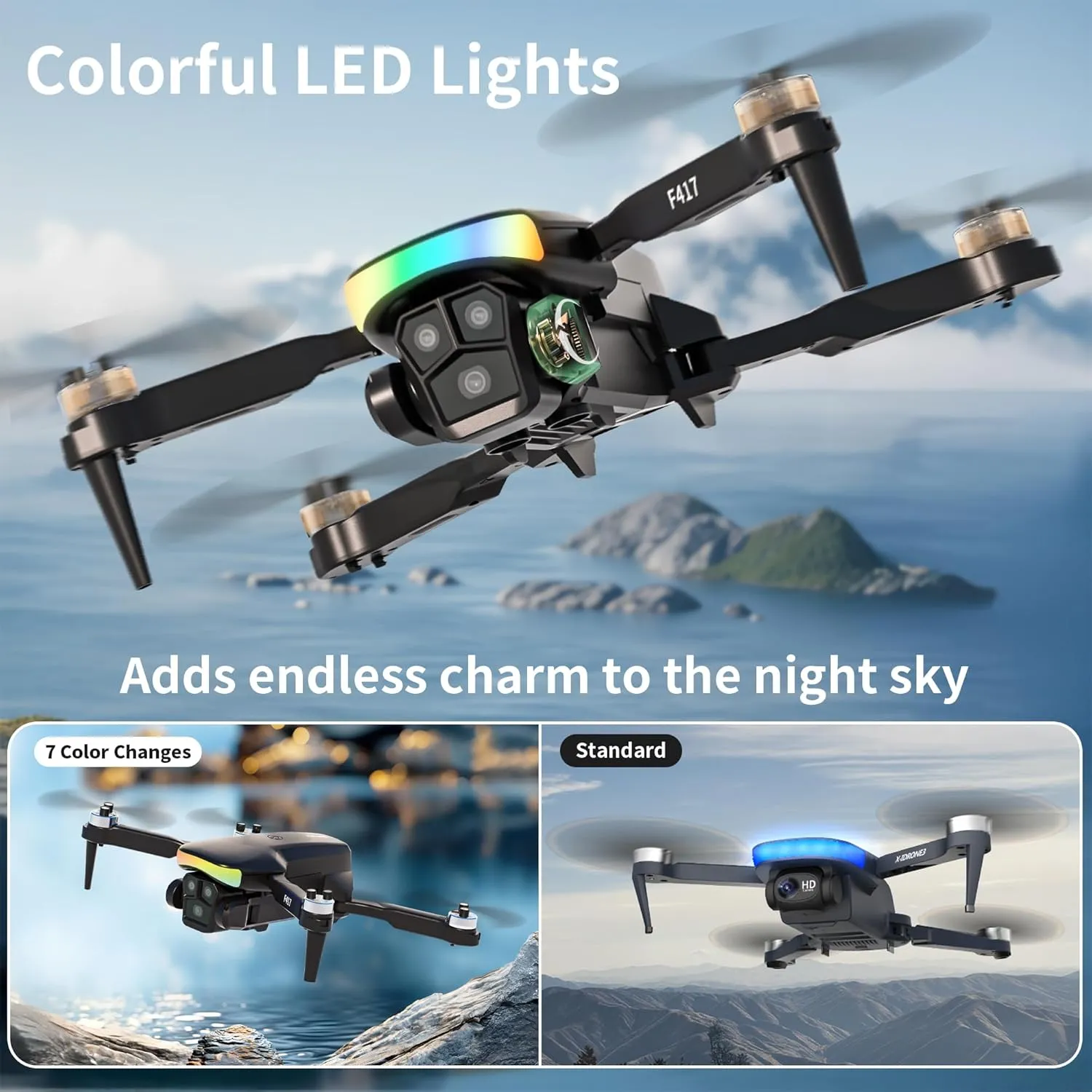 F417 Drone with Camera 1080P for Beginners and Adults,RGB LED Light 90°Electric Adjustable Lens,FPV Drone Mini RC Quadcopter with Live Video Camera,360° Flip,One Key Take Off/Land,Carry Case,Black