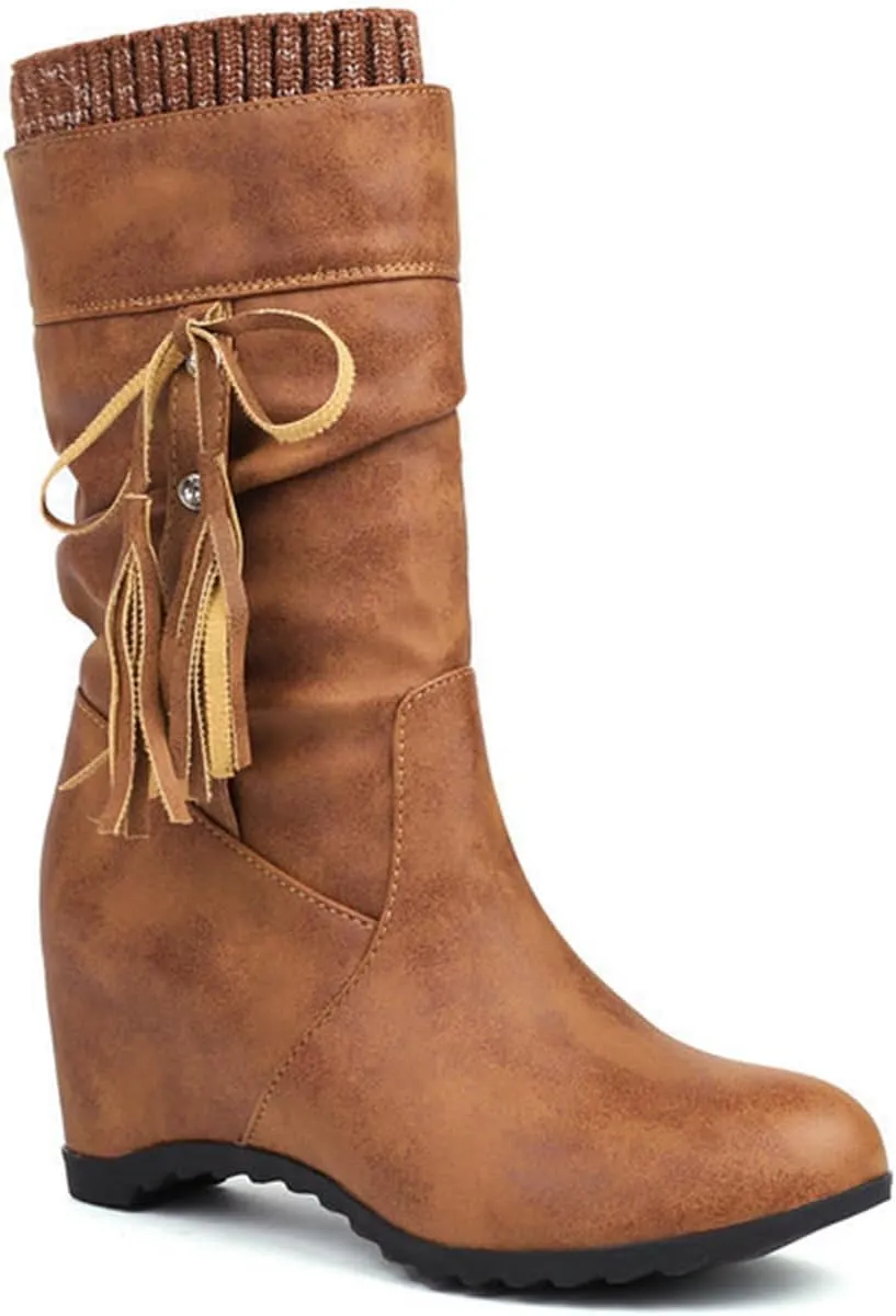 FAIRSOMA Women's Slip-On Tassels Suede Wedge Slouch Mid-Calf Boots,Fashion Non-slip Hidden Heel Comfortable Warm Round Toe Boots Retro Classic Dress Short Ankle Boot