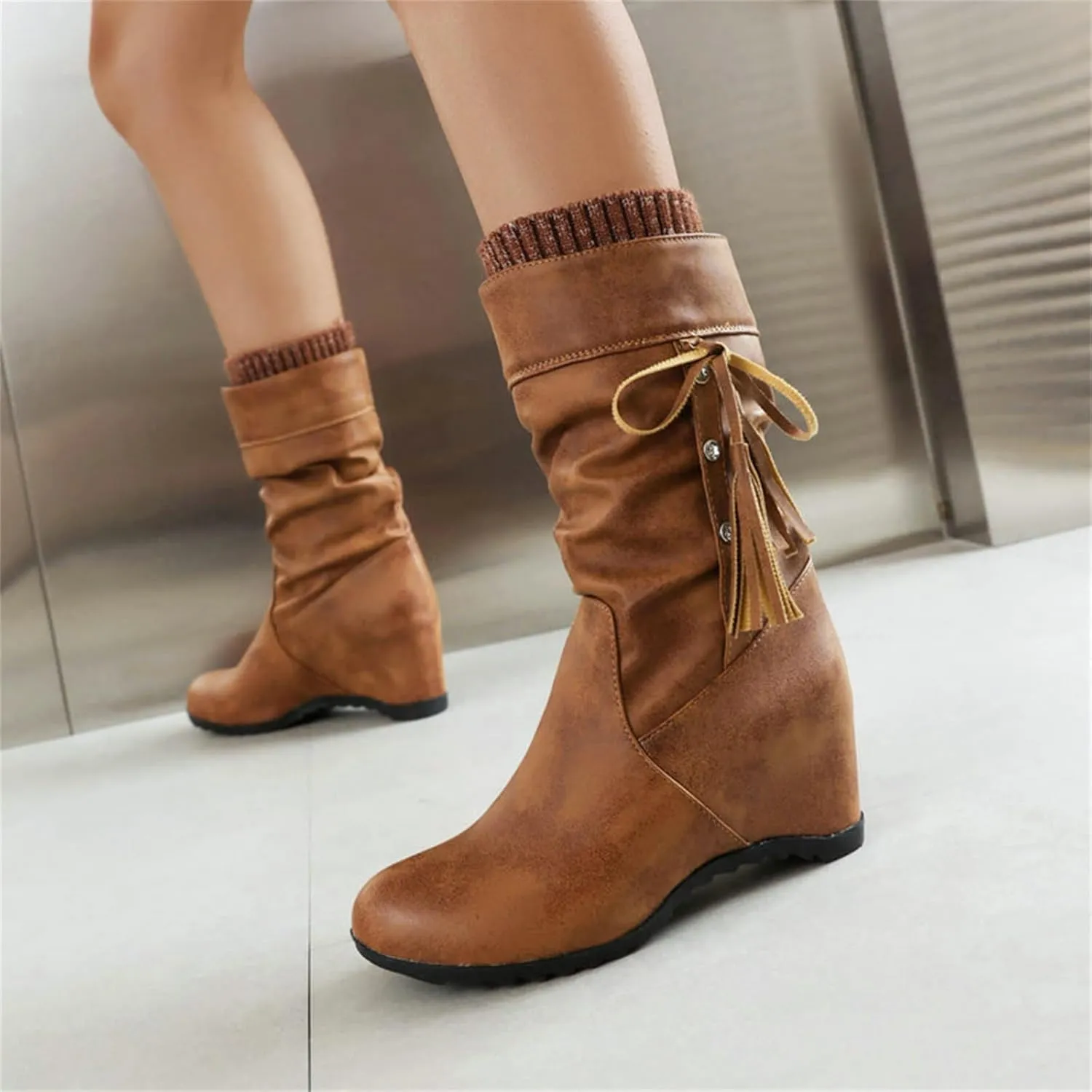 FAIRSOMA Women's Slip-On Tassels Suede Wedge Slouch Mid-Calf Boots,Fashion Non-slip Hidden Heel Comfortable Warm Round Toe Boots Retro Classic Dress Short Ankle Boot