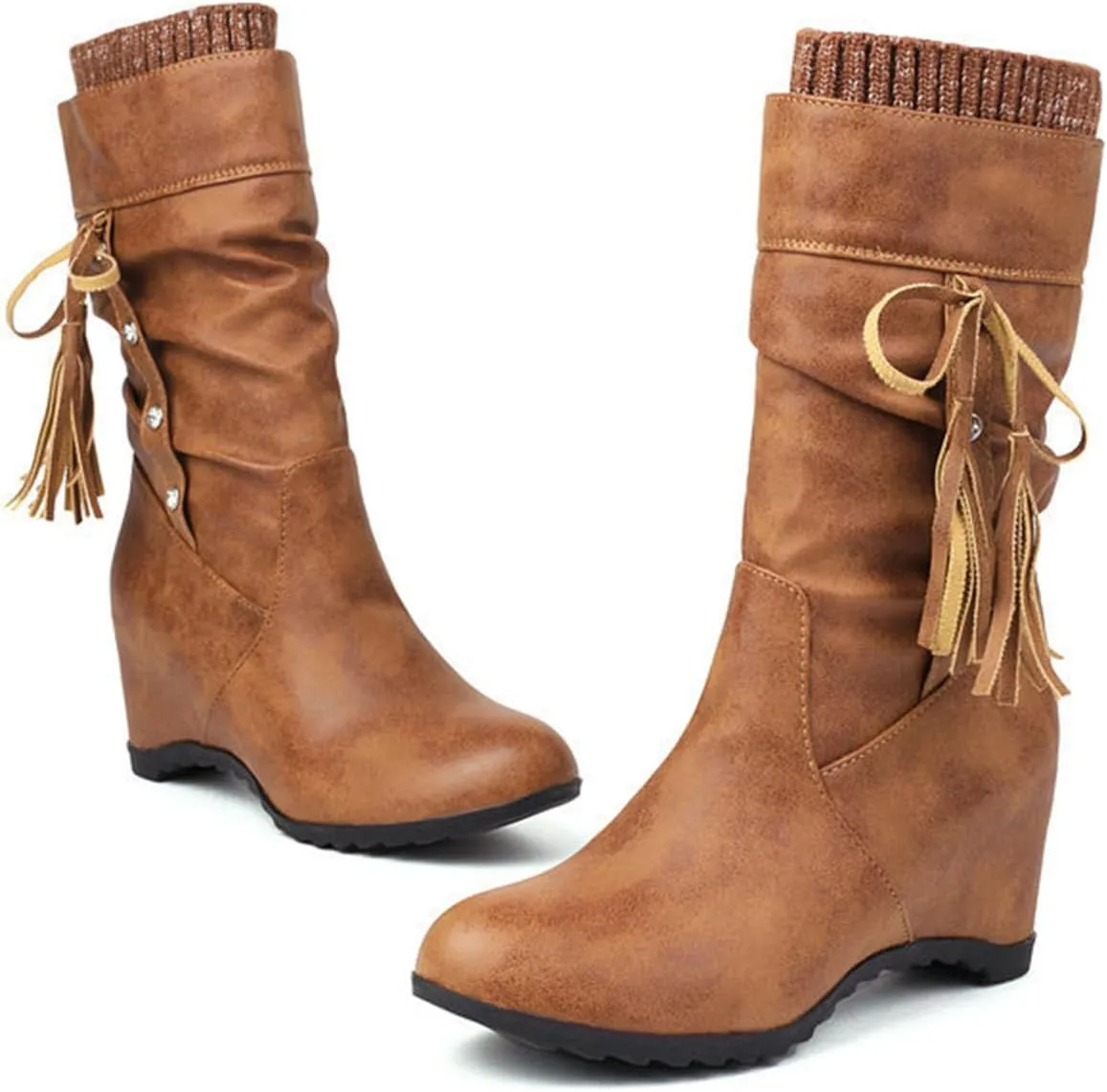 FAIRSOMA Women's Slip-On Tassels Suede Wedge Slouch Mid-Calf Boots,Fashion Non-slip Hidden Heel Comfortable Warm Round Toe Boots Retro Classic Dress Short Ankle Boot