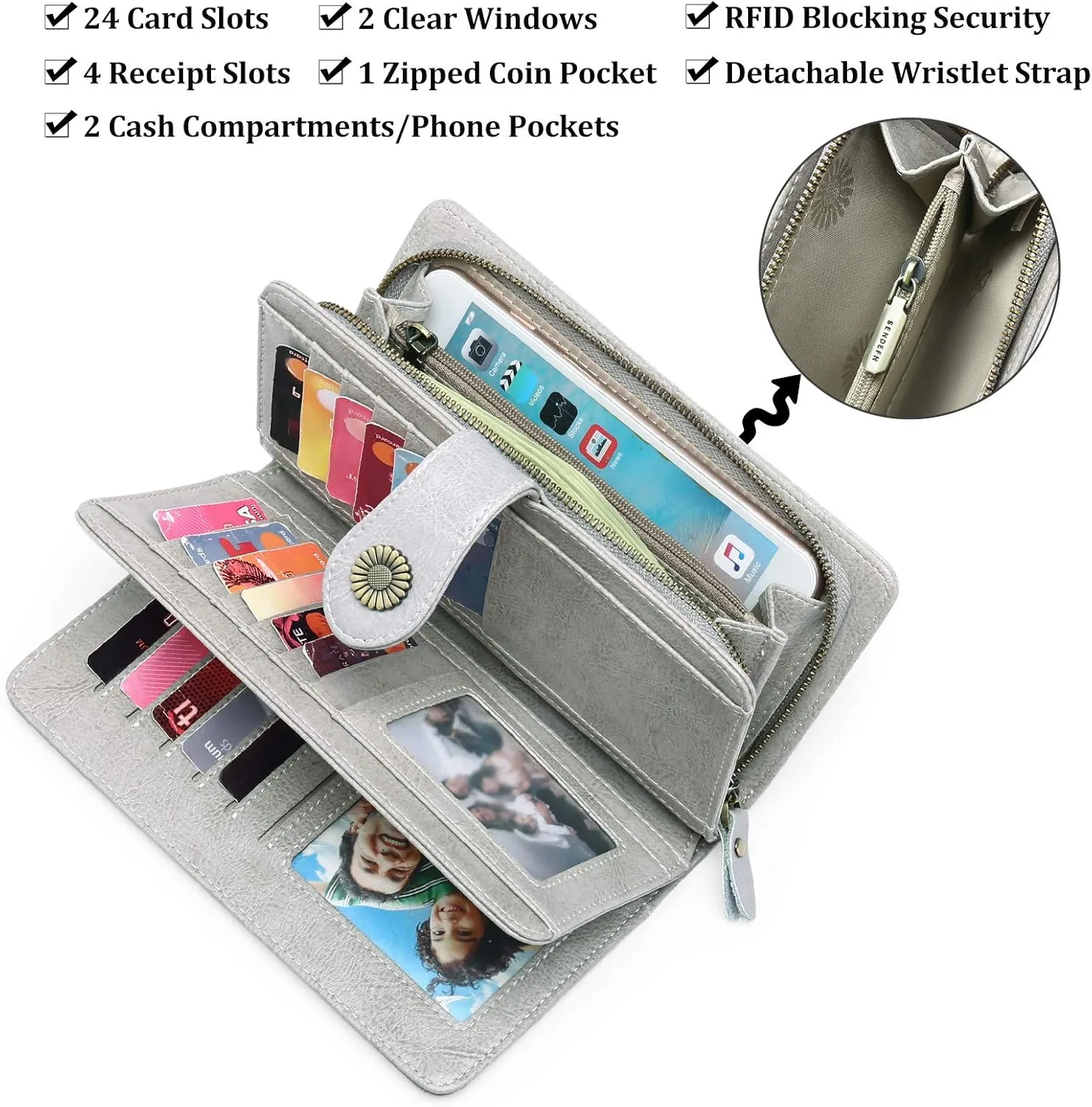 FALAN MULE Women Genuine Leather Wallet Large Capacity Bifold RFID Blocking Card Holder with Zipper Coin Pocket