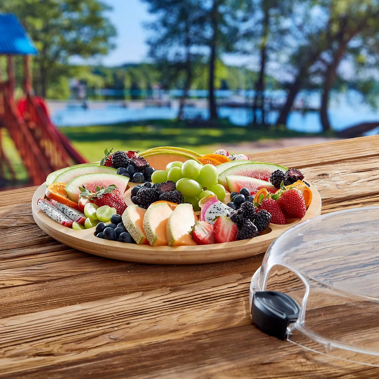 FARBERWARE Build-a-Board Cutting Board with Five Compartments and Clear Locking Lid for Charcuterie, Snacks, and More, Bamboo
