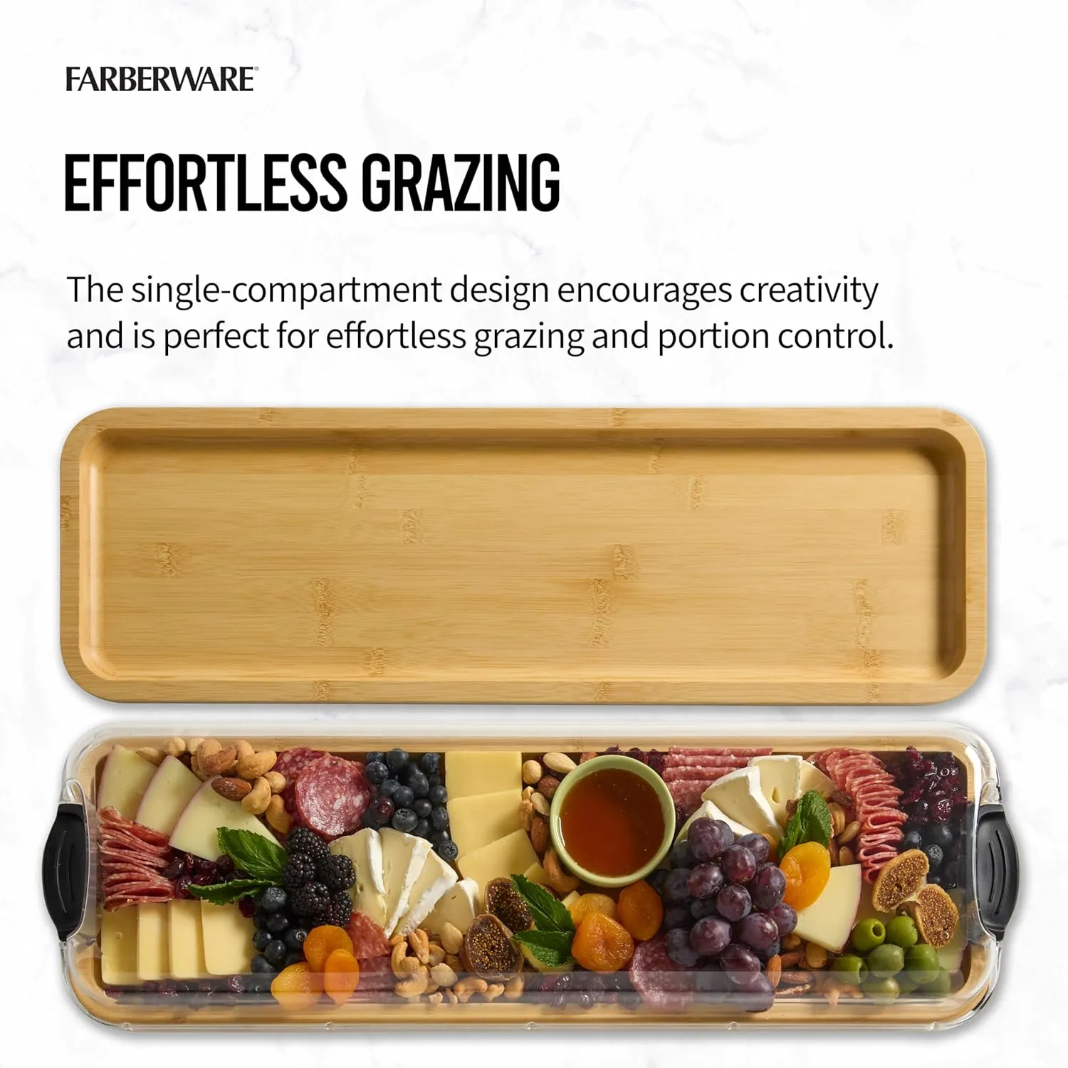 FARBERWARE Rectangular Build-a-Board Cutting Board with Single Compartment and Clear Locking Lid for Charcuterie, Snacks, and More, Bamboo
