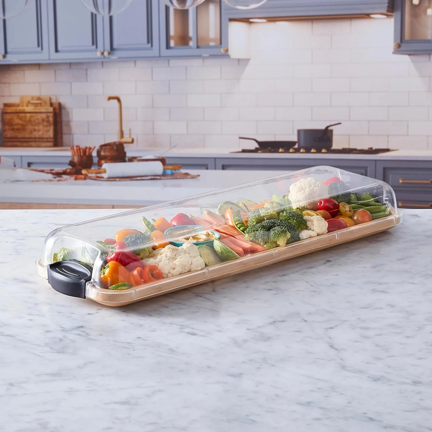 FARBERWARE Rectangular Build-a-Board Cutting Board with Single Compartment and Clear Locking Lid for Charcuterie, Snacks, and More, Bamboo
